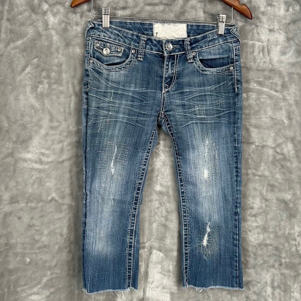 Dollhouse Blue Denim Distressed Rhinestone Low Rise Capri Jeans Sz 7 Indie Y2K